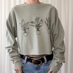 Sage Green Cropped Sweatshirt Plant Graphic Minimalist Pullover Women's Large